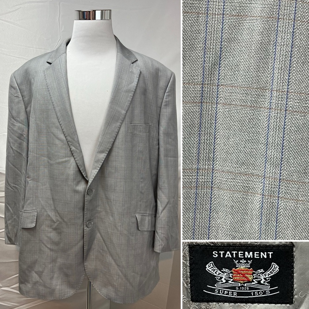 Statement Italy Super 150s Men's 56R Gray Plaid Wool Blazer Jacket